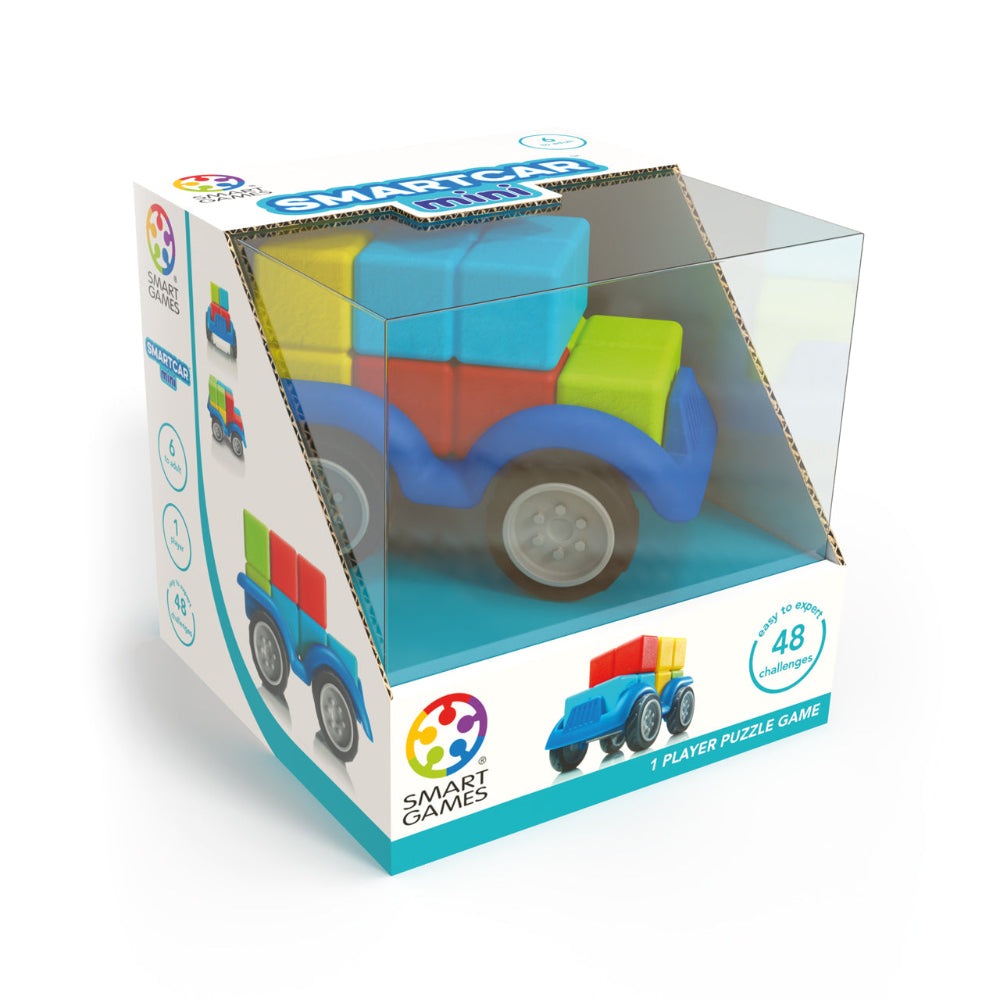 Smart Games Smartcar Mini toy car puzzle with blue chassis and multicolored blocks in a clear display box
