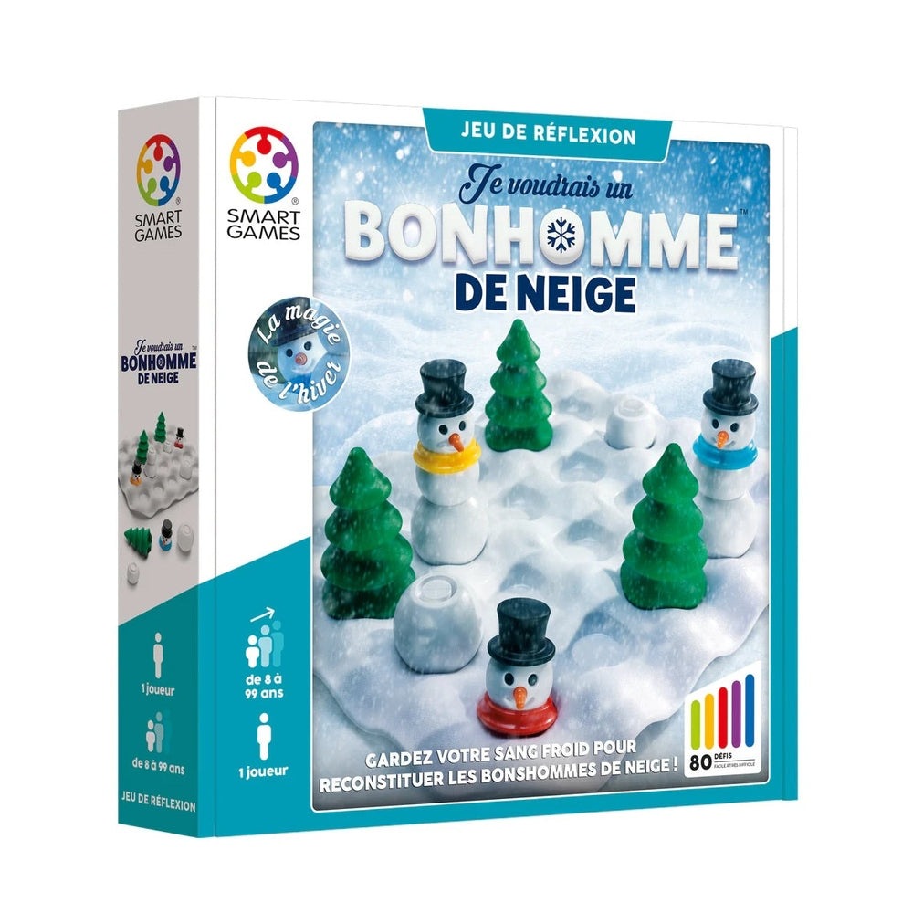 Smart Games Snow Problem puzzle featuring a snowy landscape with snowmen, pine trees, a one-player mechanical puzzle.