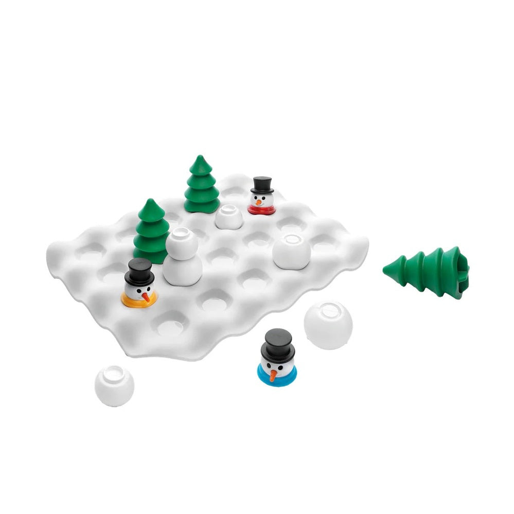 Smart Games Snow Problem puzzle on a white perforated board with snowmen and pine trees.