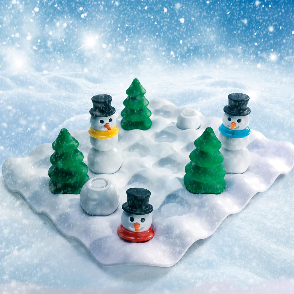 Smart Games Snow Problem: winter puzzle with four movable snowmen wearing colored scarves on a snowy island.