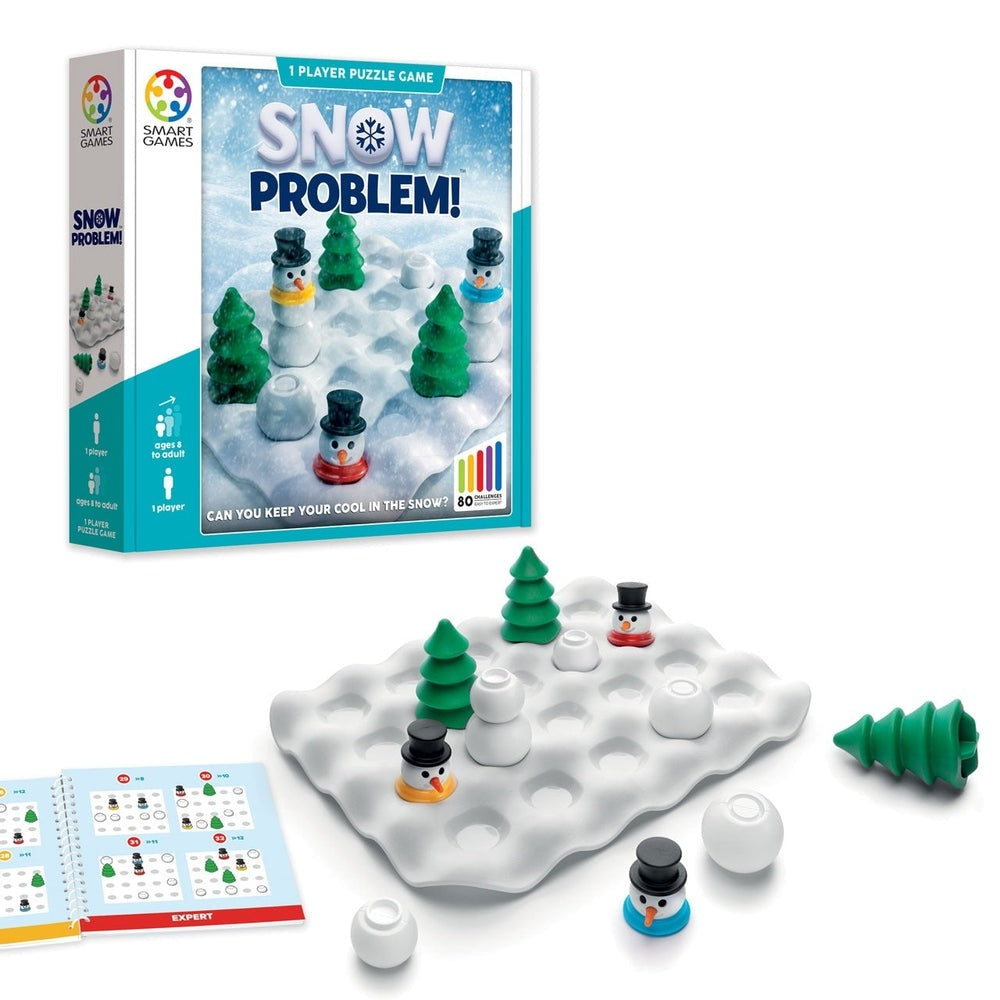 Smart Games Snow Problem puzzle on a snowy board with snowmen and trees arranged to solve the challenge.