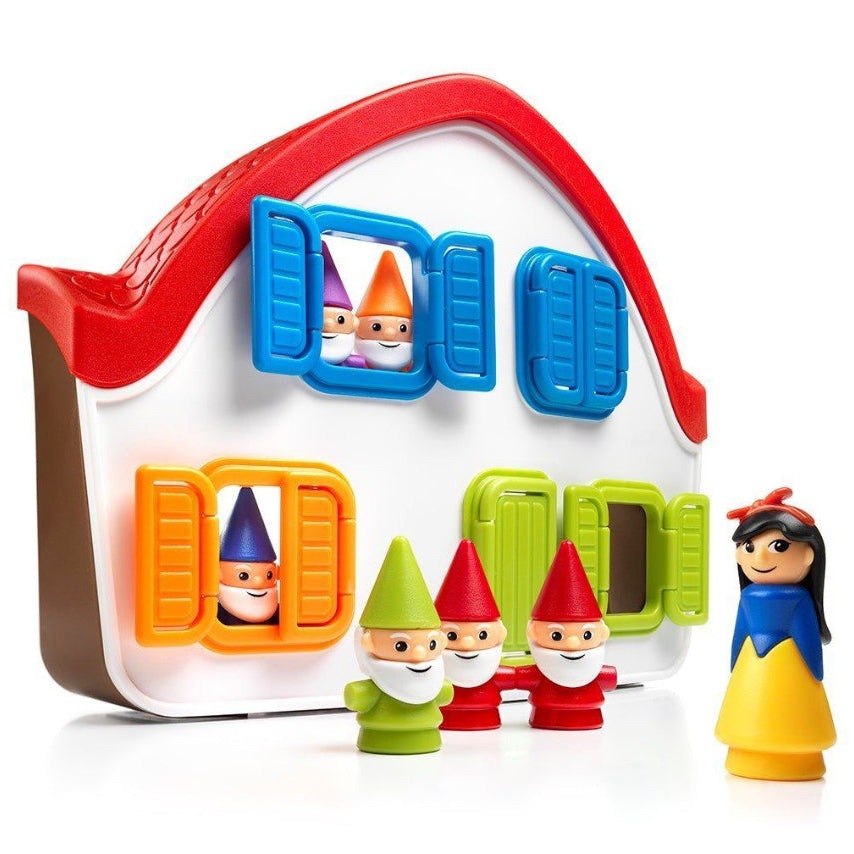 Smart Games Snow White Deluxe educational toy set with colorful door panels, Snow White and four dwarf figurines