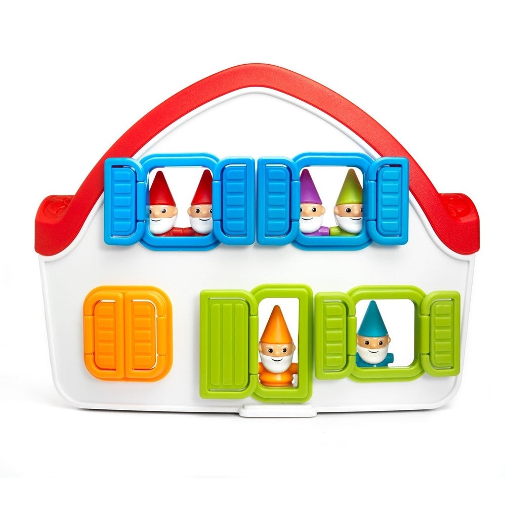 Smart Games Snow White Deluxe puzzle with blue, orange, green doors and dwarf figures