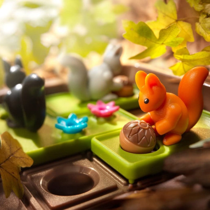 Smart Games Squirrels Go Nuts puzzle game: orange squirrel with acorn on green tray
