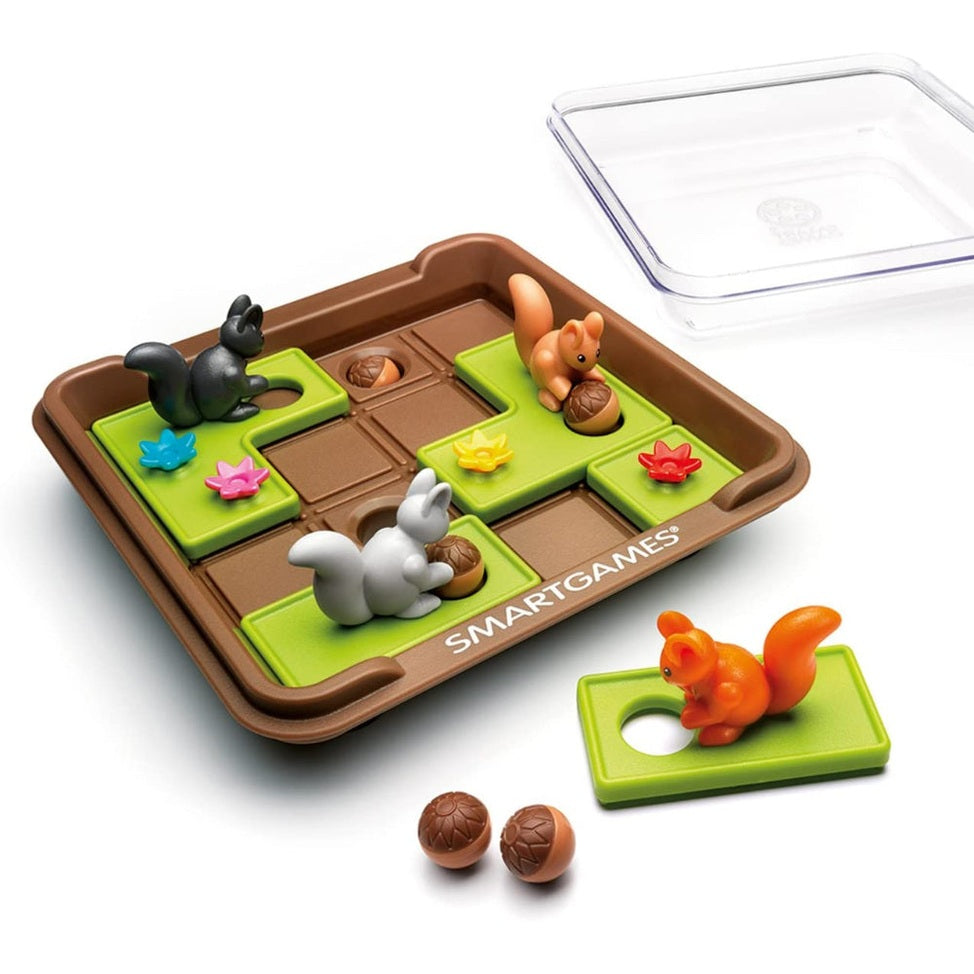 Smart Games Squirrels Go Nuts puzzle with brown tray, green tiles, and squirrel figures.