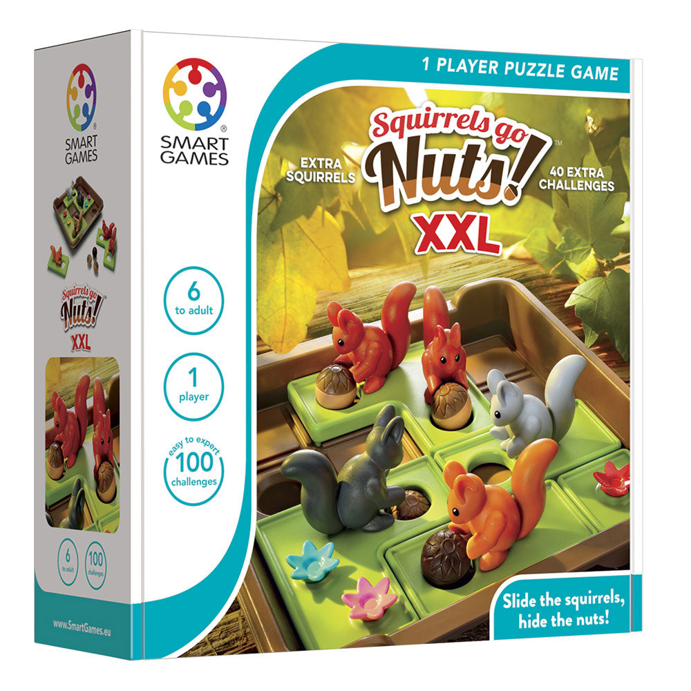 Smart Games Squirrels Go Nuts XXL board game for 1 player, featuring colorful squirrel figures and nuts.