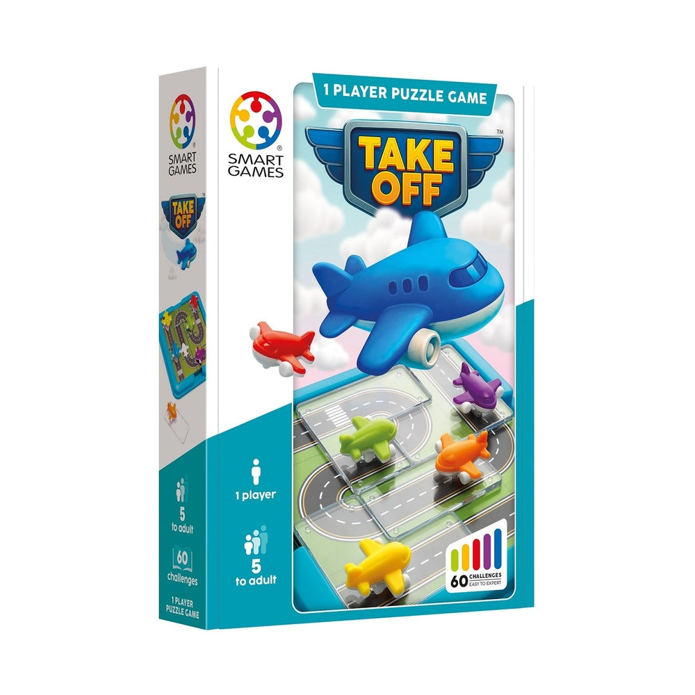 Smart Games 'Take Off' puzzle game packaging with colorful airplane figures on a white background