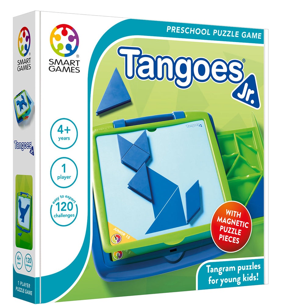Tangoes Jr magnetic puzzle game by SmartGames, for ages 4+, 1 player, blue geometric shapes on a green case.