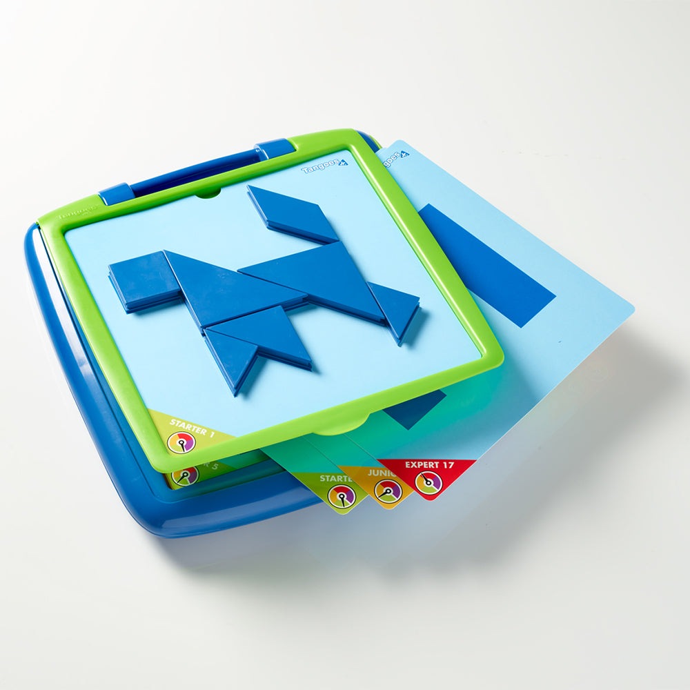 Smart Games Tangoes Jr puzzle set; blue magnetic shapes on lime-green frame with cards