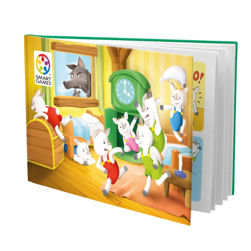 Smart Games Wolf & The Seven Goats puzzle book with seven colorful goats in a cozy room
