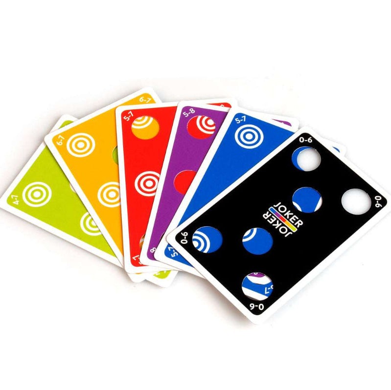 Smart Games Top Spot puzzle cards; seven colorful target cards with hole cutouts in bright colors.