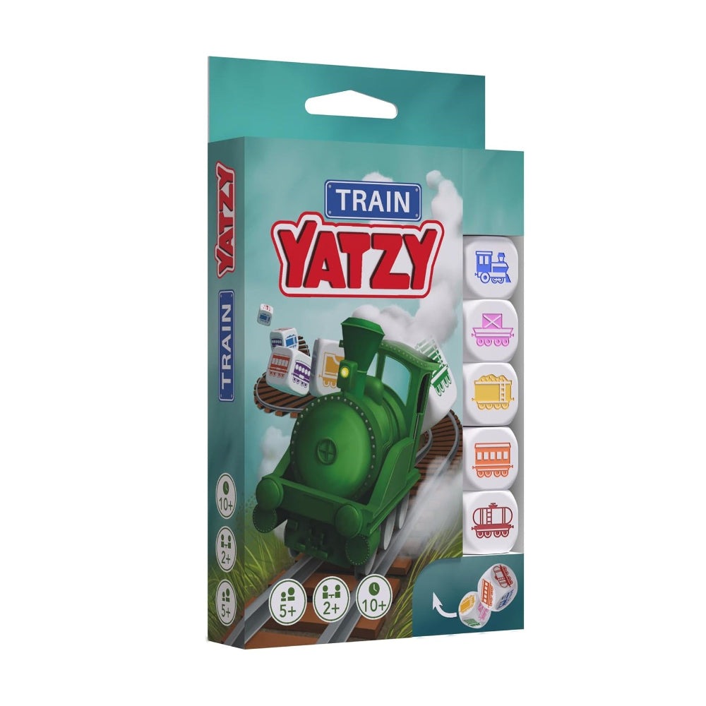 Smart Games Train Yatzy dice game box featuring a green locomotive and train icons