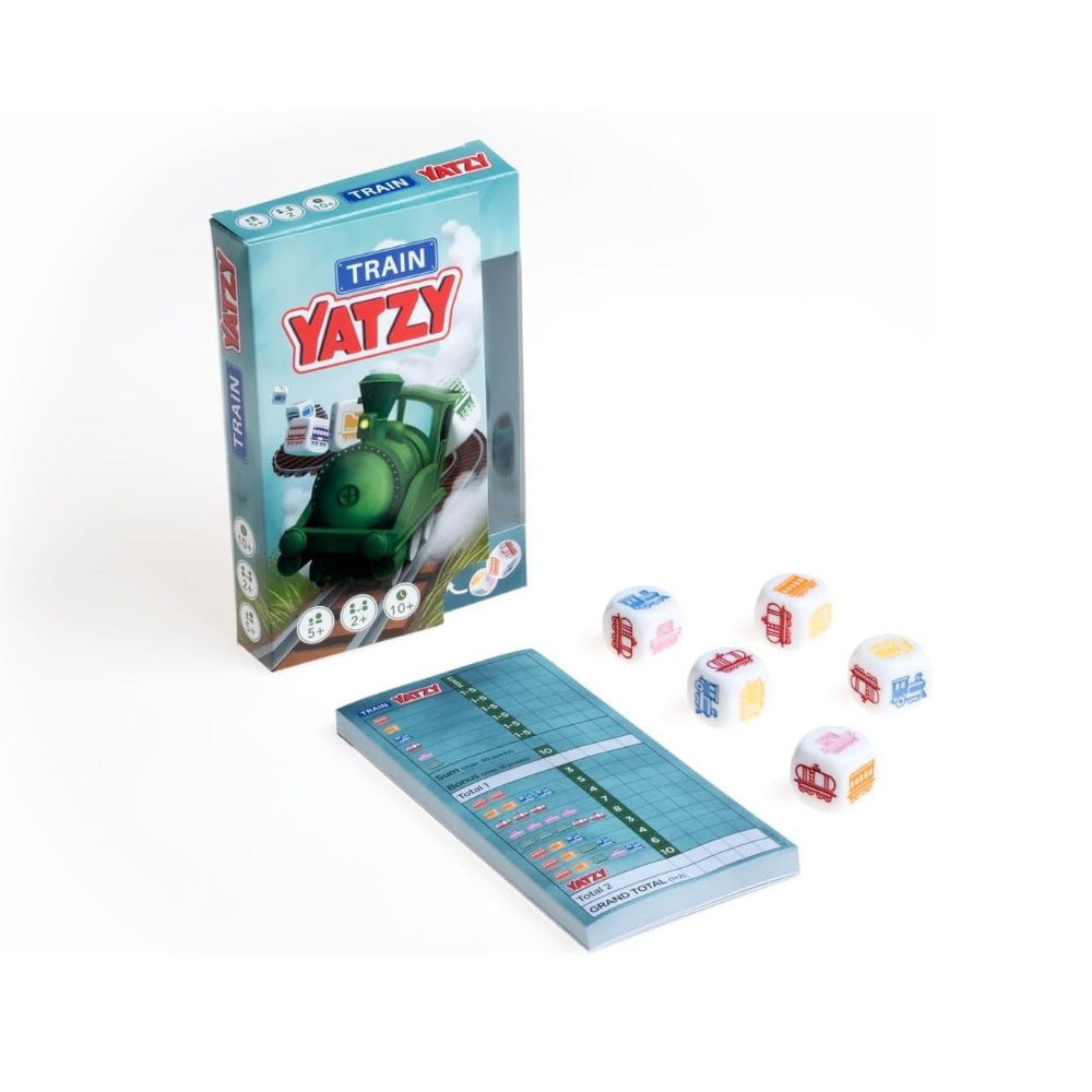 Smart Games Train Yatzy game set with a green locomotive box, score pad, and numbered dice for family play