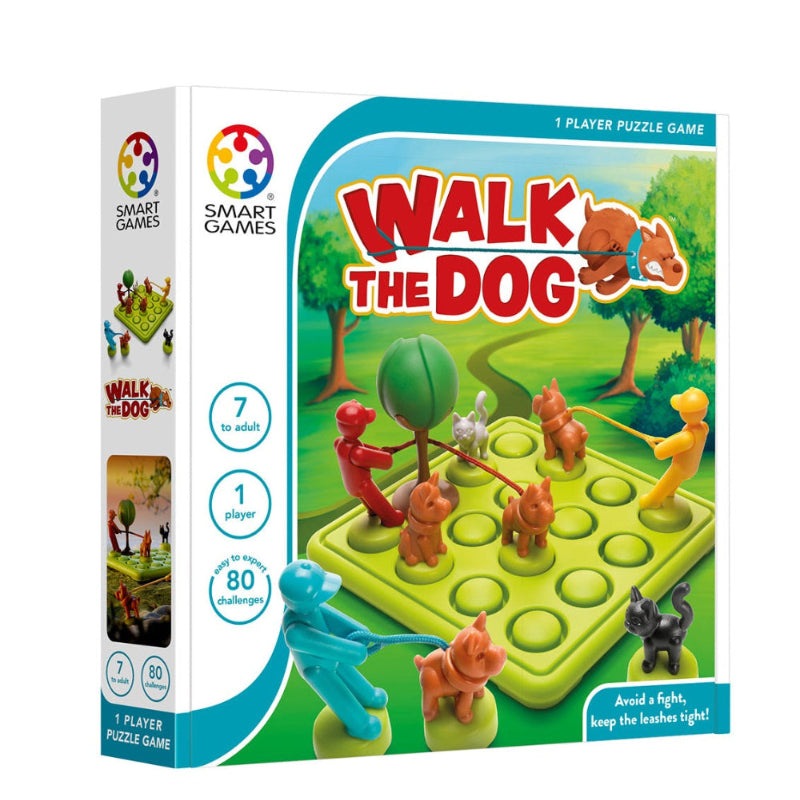 Walk the Dog puzzle game by Smart Games, 1-player educational toy with colorful dog figures on a bright green board.