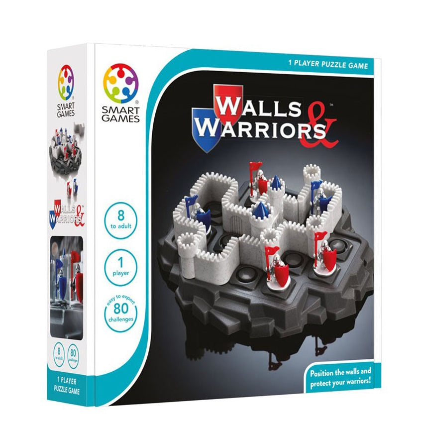 Walls & Warriors puzzle game by Smart Games; single-player with castle walls and miniature figures, 80 challenges
