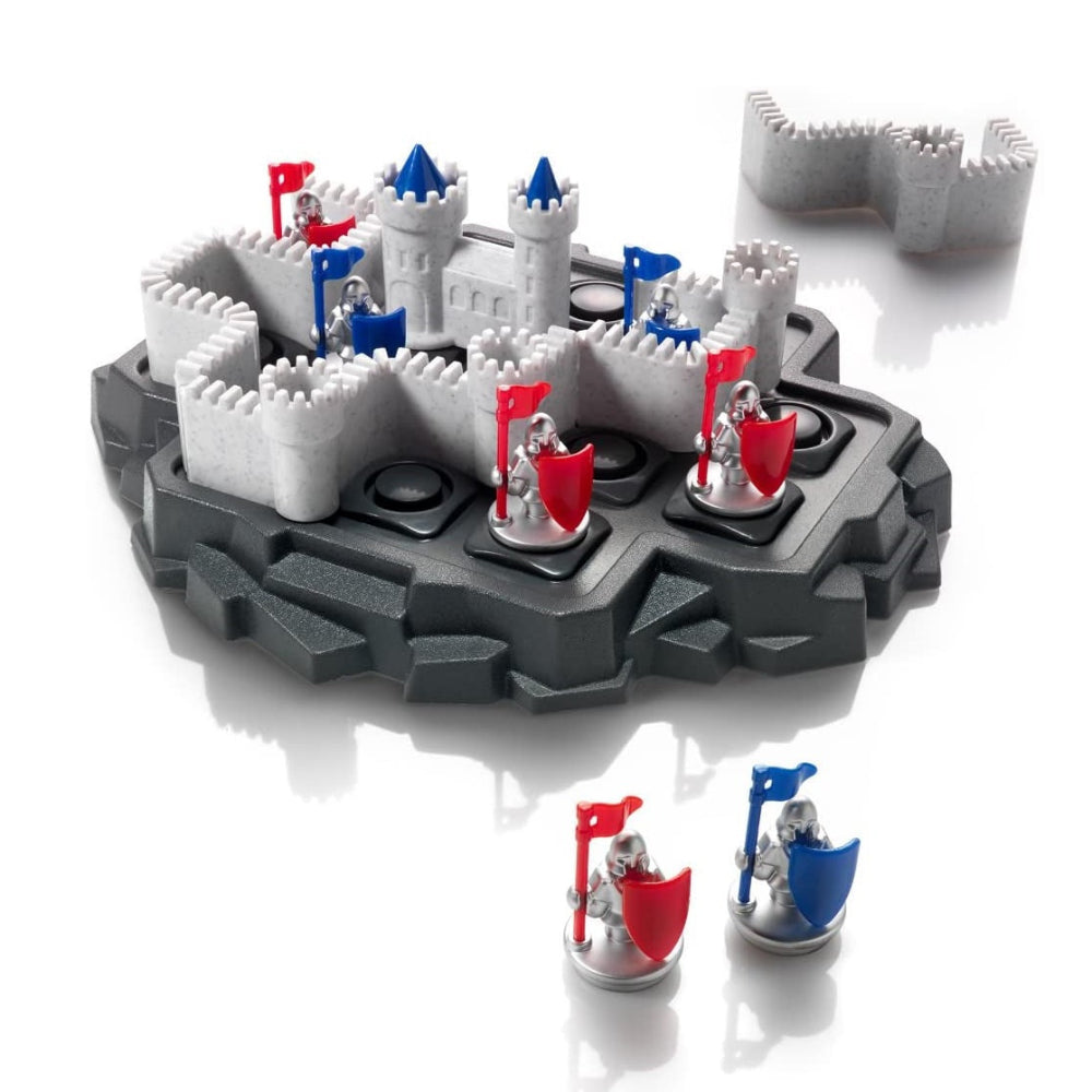 Smart Games Walls & Warriors castle game with white crenellated walls, red and blue shields, and knights