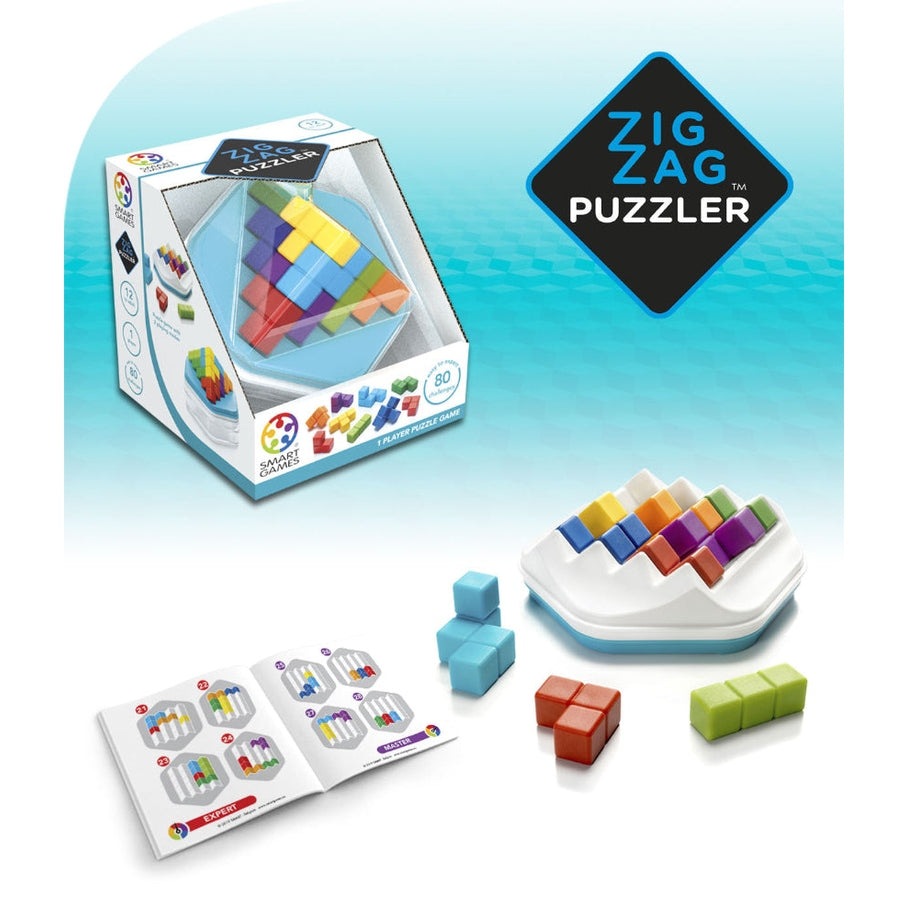 Smart Games Zig Zag Puzzler puzzle game with colorful cube blocks in a white tray and instruction booklet