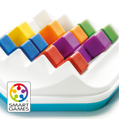 Smart Games Zig Zag Puzzler puzzle with colorful plastic cubes on a white zigzag tray, SMART GAMES.
