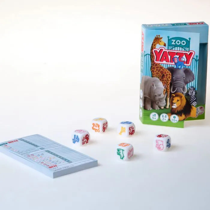 Smart Games Zoo Yatzy dice game with colorful animal dice scattered around the boxed set.