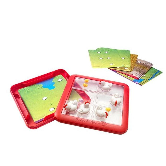 SMART GAMES Chicken Shuffle Jr red puzzle with 9-chamber tray, white chicken pieces and clue cards