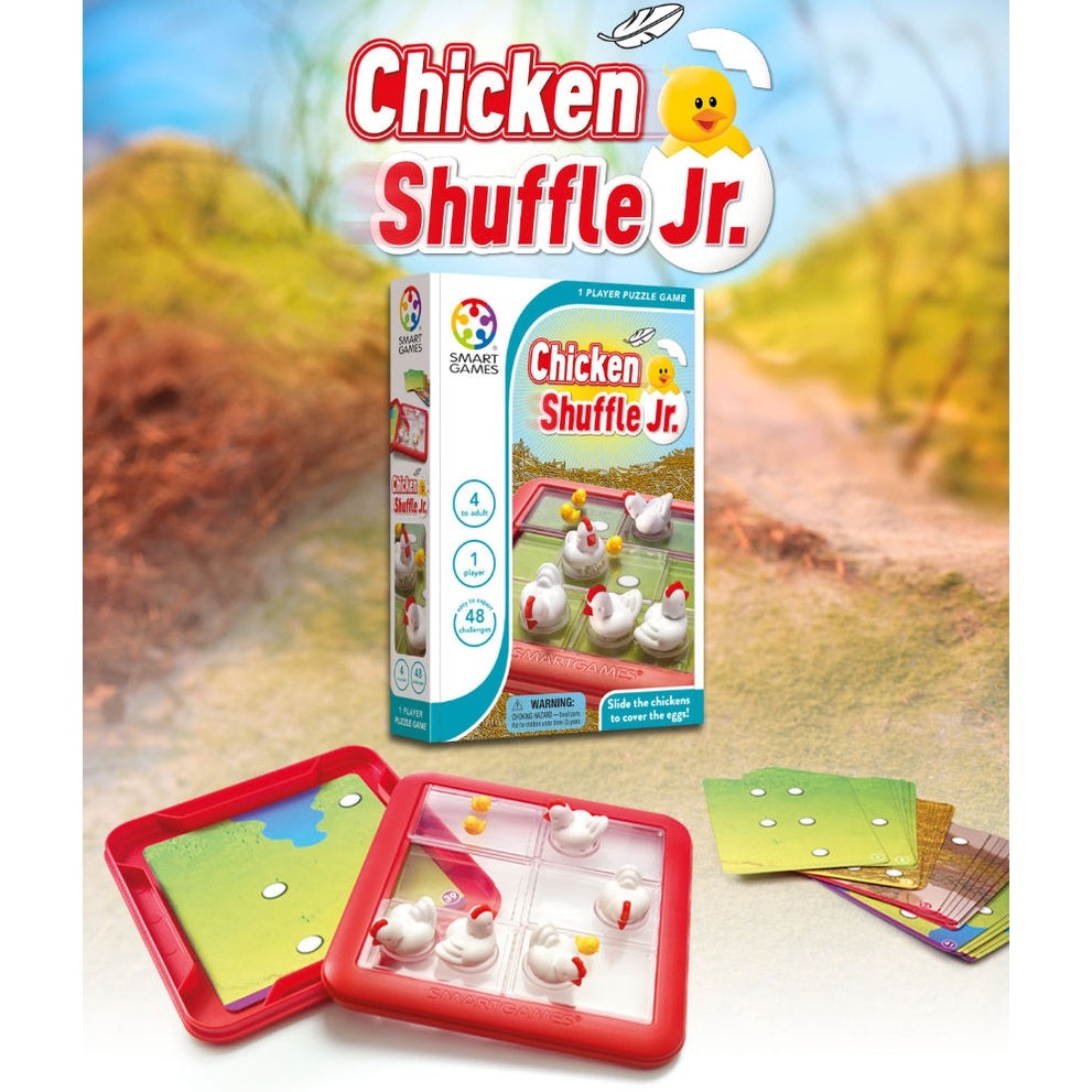 SmartGames Chicken Shuffle Jr puzzle game box with red tray, multiple white chicken pieces and playing cards