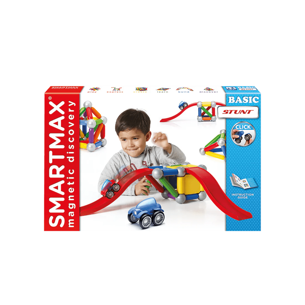 SMARTMAX Basic Stunt magnetic construction toy; toddler plays with a red curved track and small cars.