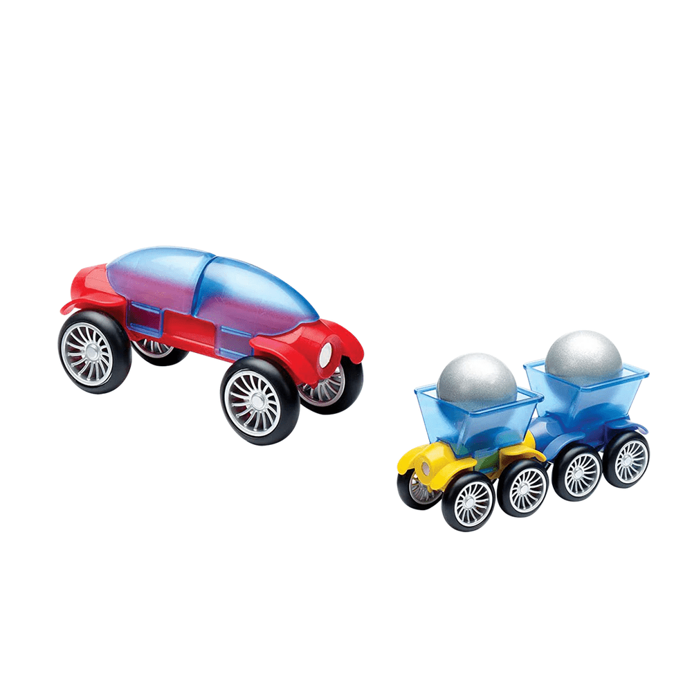 SMARTMAX Basic Stunt magnet toy set; red car and blue/yellow truck pull metal balls with magnets.
