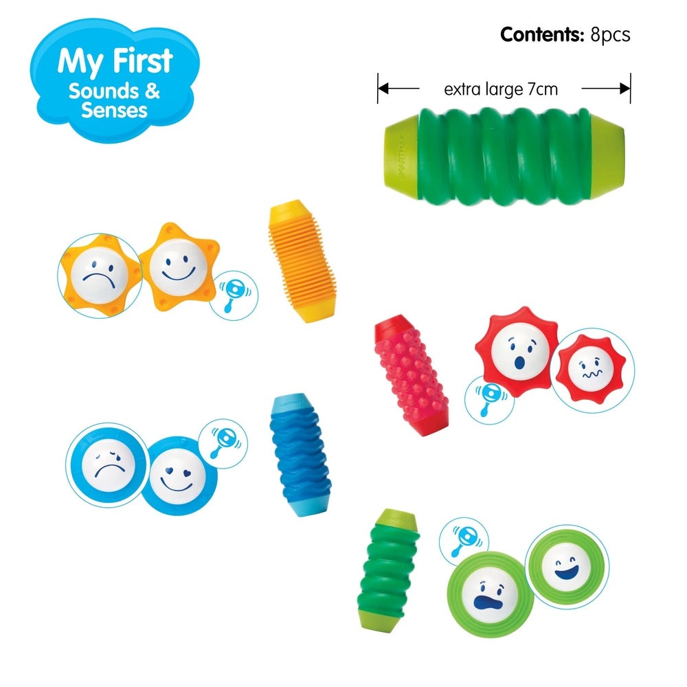 SMARTMAX My First Sounds and Senses 8-piece set with colorful textured cylinders and smiling caps
