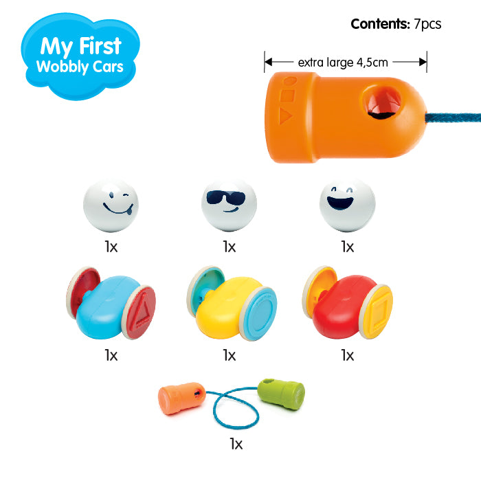 SmartMax My First Wobbly Cars toy set with 3 white smiley balls, 3 colorful wheeled cars and orange launcher