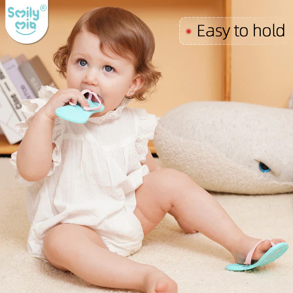 Smily Mia & Dommy flip-flop teether duo pack for babies, turquoise
