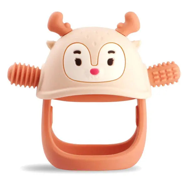 Smily Mia & Dommy Reindeer silicone teether; beige reindeer face with orange curved handle for chewy gripping.