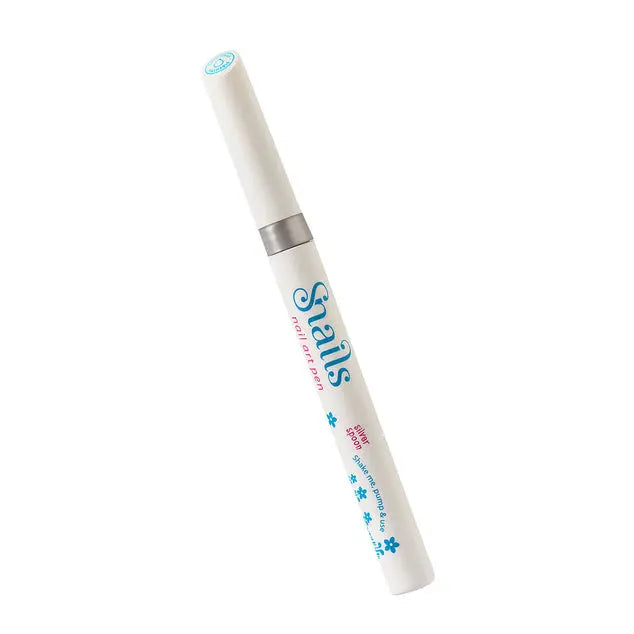 Snails Nail Art Pen by STORTZ TOYS, white pen with blue logo and silver band, angled as if ready to draw.