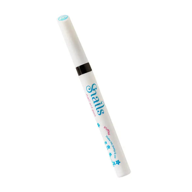 Snails Nail Art Pen by STORTZ TOYS, diagonally angled white marker with blue branding and black cap band