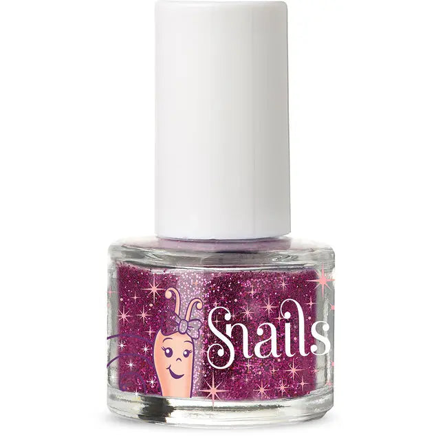 Snails Nail Glitter bottle by STORTZ TOYS, clear glass with purple glitter and white cap.