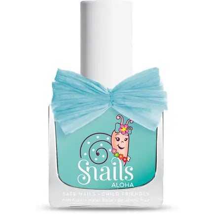 Snails Nail Polish Aloha Collection by STORTZ TOYS, turquoise lacquer in a bottle with a white cap and a blue bow tied around it.