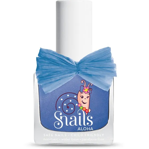 Snails Nail Polish Aloha Collection bottle by STORTZ TOYS, blue glitter polish, tied with a blue bow.