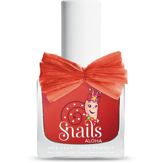 Snails Nail Polish Aloha Collection by STORTZ TOYS in coral orange, white cap; coral bow tied around the bottle neck.