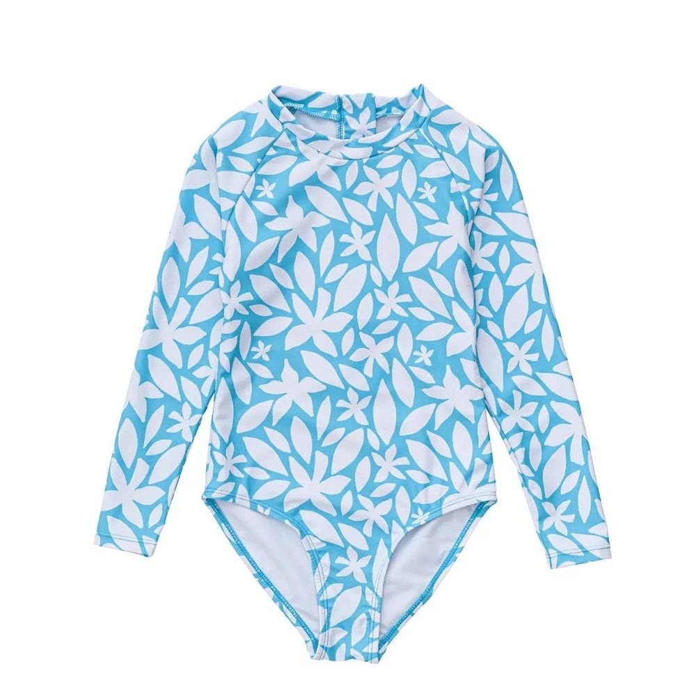 Snapper Rock Aqua Bloom Sustainable Long-Sleeve Surf Suit, blue/white floral print, laid flat showing full coverage.