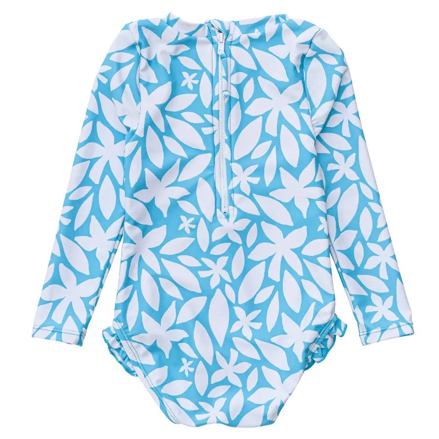 Snapper Rock Aqua Bloom Sustainable LS Surf Suit, blue floral long-sleeve toddler one-piece with front zipper for easy wear.