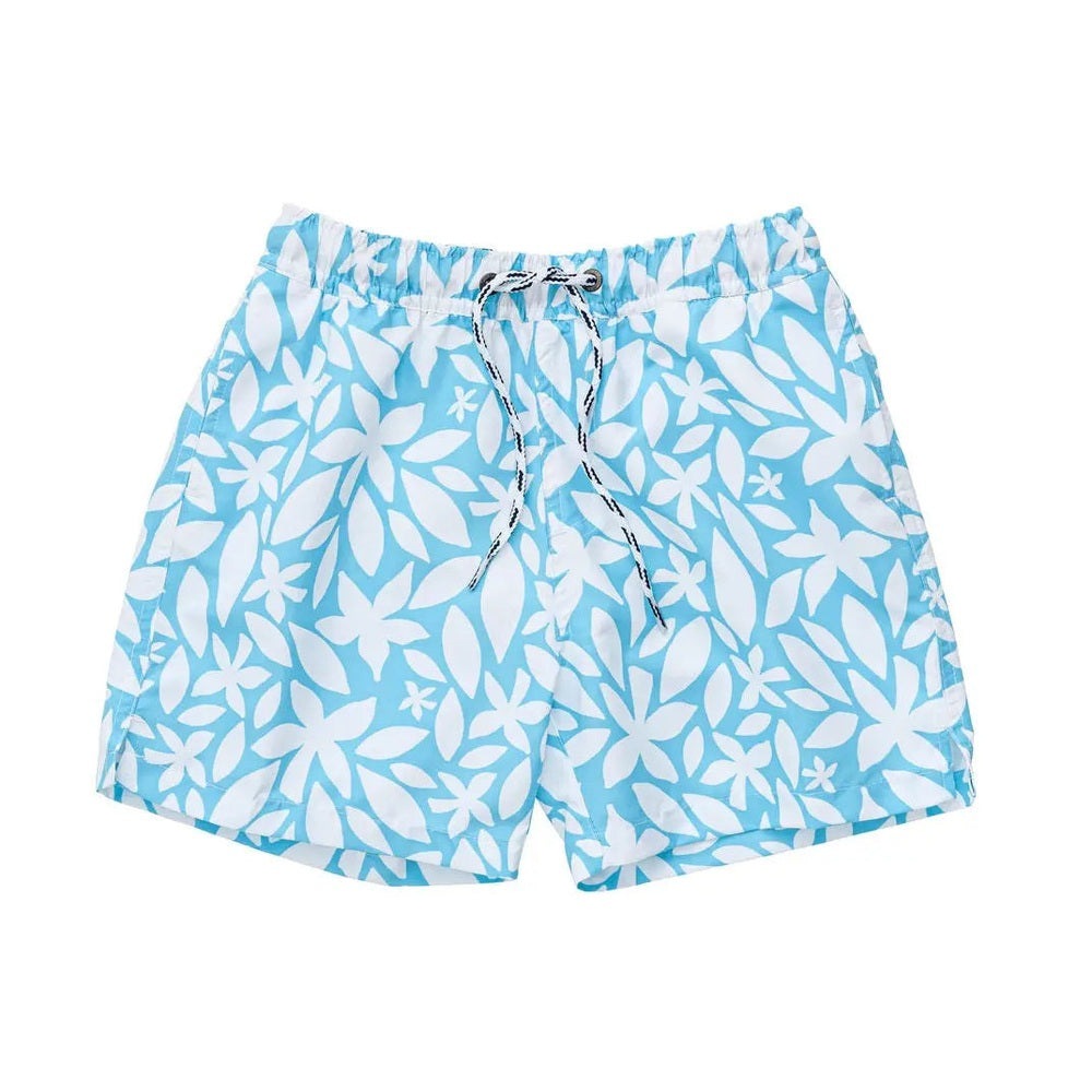 Snapper Rock Aqua Bloom Volley Board Short in blue aqua with white floral print, drawstring tied at front.