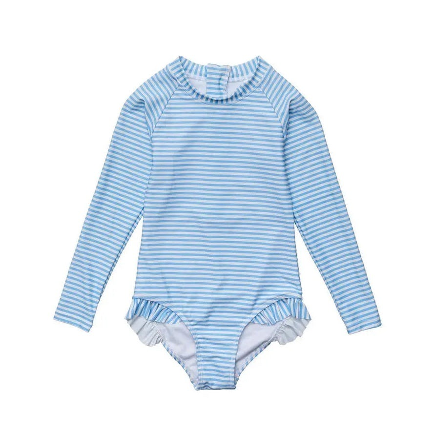 Snapper Rock Cornflower Stripe Surf Suit, blue-and-white striped long-sleeve baby one-piece with ruffled leg openings.