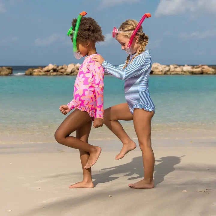 Snapper Rock Cornflower Stripe Surf Suit; blue-and-white striped toddler one-piece swims