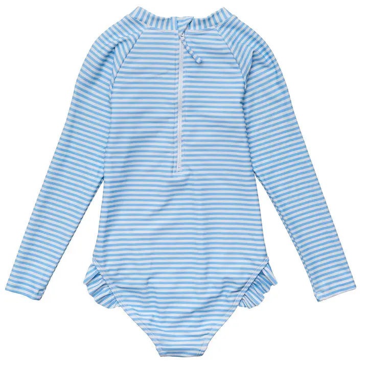 Snapper Rock Cornflower Stripe Surf Suit for babies; long sleeves, front zip, ruffled leg openings in blue stripes.