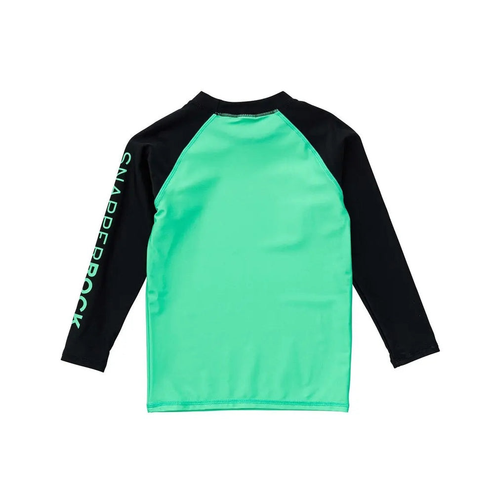 Snapper Rock Green Black Sustainable LS Rash Top laid flat with black sleeves and mint-green front panel.