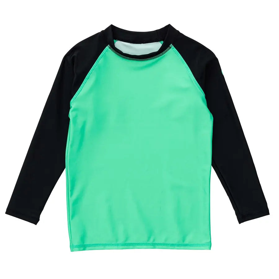 Snapper Rock Green Black Sustainable Ls Rash Top, front view shows green torso with black long sleeves.