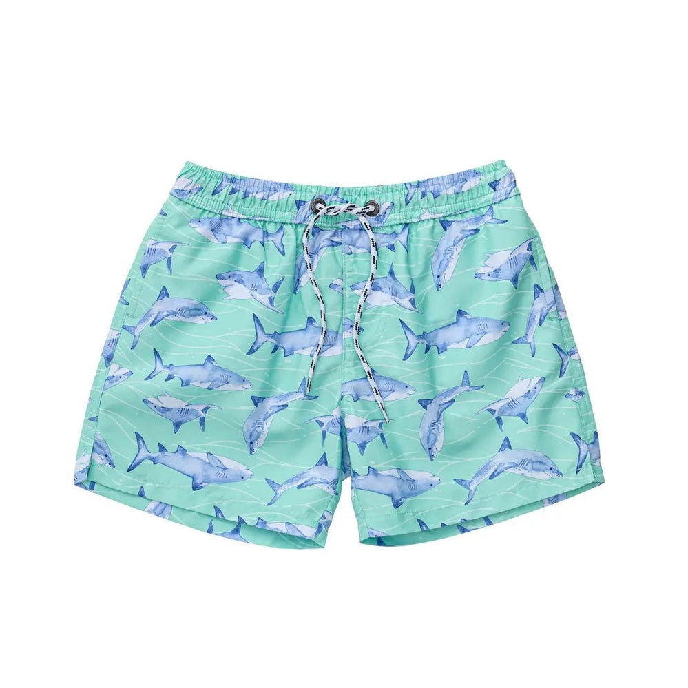 Snapper Rock Minty Shark Volley Board Short, mint-green with blue shark print, tied drawstring waist.