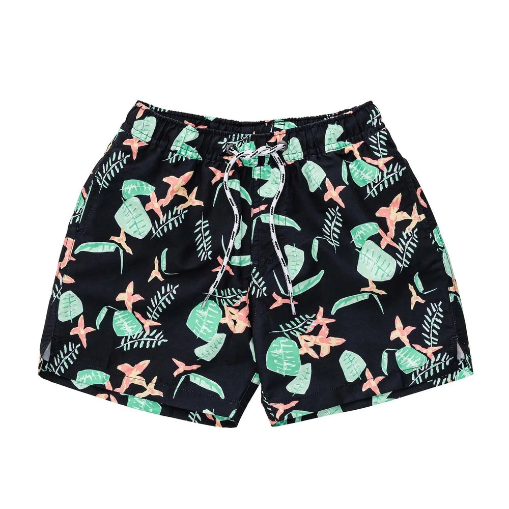 Snapper Rock Neon Rainforest Volley Board Short, black with green leaves and pink flowers, white drawstring tied at waist.