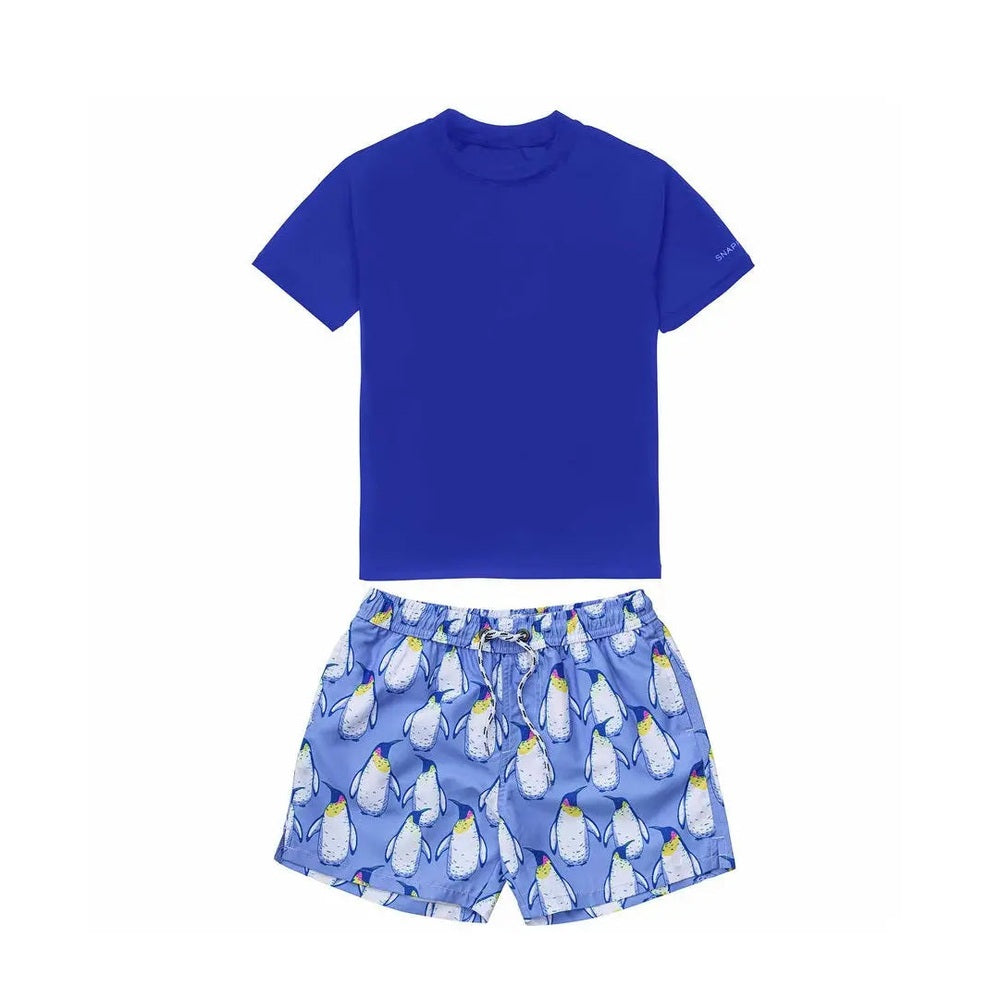 Snapper Rock Penguin Patrol Ss Baby Set: royal blue tee with matching penguin-print swim shorts for sunny days.
