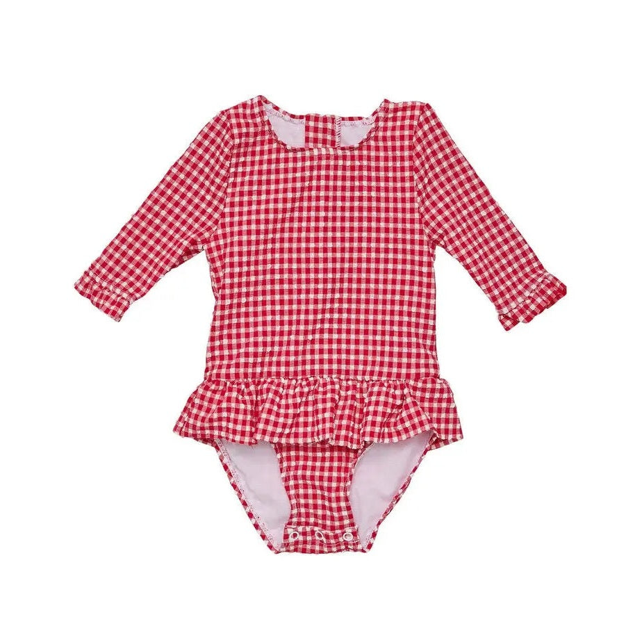 Snapper Rock Picnic Party Skirt Surf Suit; red gingham baby one-piece with long sleeves and attached ruffle skirt.