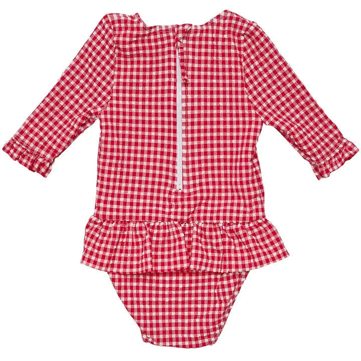 Snapper Rock Picnic Party Surf Suit for babies, red gingham with back zipper and ruffle skirt, one-piece swimsuit.